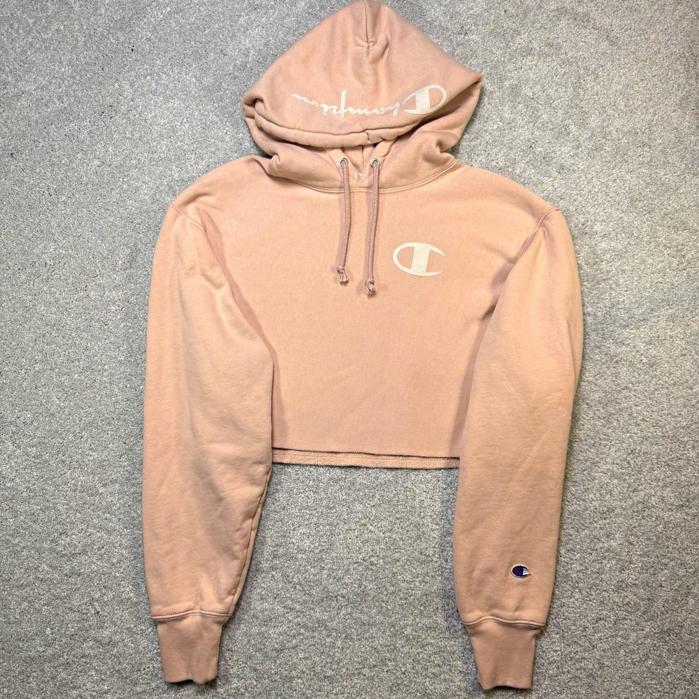 Champion Reverse Weave Crop Hoodie Women Pink Logo Script Pullover Size Medium M